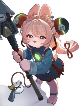 1girl accessories animal_ear_fluff blush braid bright_pupils charm_(object) dress ear_piercing furry furry_female green_dress hair_ornament highres holding holding_weapon medallion neko_t_chan open_mouth piercing pink_fur rabbit_girl red_eyes screw solo teeth twin_braids twintails upper_teeth_only weapon white_background white_pupils zenless_zone_zero zhao_(zenless_zone_zero)