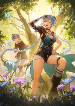 2girls absurdres animal_ears arm_up black_boots black_horns black_unitard blue_butterfly blue_flower blue_hair boots braid breasts bug butterfly choker cleavage collarbone commentary commission crossed_bangs earrings english_commentary falling_leaves flower goat_ears goat_girl goat_horns goat_tail grass green_eyes hair_between_eyes hand_on_own_head hand_on_own_hip highres horns insect jewelry key key_choker knee_strap large_breasts leaf long_hair looking_at_another lucia_elowen multiple_girls one_eye_closed outdoors pantyhose pointy_ears purple_flower single_sleeve socks tail tree twin_braids white_pantyhose white_socks zenless_zone_zero zieru