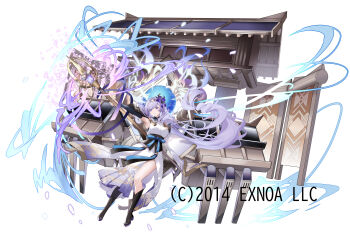 1girl black_boots boots breasts character_request closed_mouth detached_sleeves dress flower hair_flower hair_ornament highres holding holding_staff long_hair long_sleeves looking_at_viewer medium_breasts official_art oshiro_project:re outstretched_arm purple_eyes purple_flower purple_hair single_sleeve sleeves_past_wrists solo staff standing very_long_hair white_background white_dress white_sleeves wide_sleeves yuuki_kira