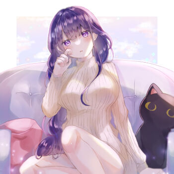 1girl alternate_costume blunt_bangs blush braid commentary couch genshin_impact head_tilt highres indoors long_braid long_hair looking_at_viewer mole mole_under_eye on_couch open_mouth pillow purple_eyes purple_hair raiden_shogun shade siitake_kinono single_braid sitting solo stuffed_toy sweater symbol-only_commentary thighs