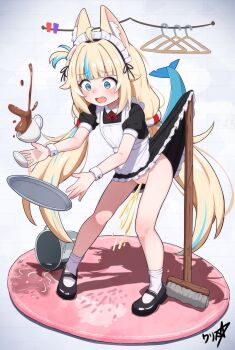 1girl absurdres animal_ear_fluff animal_ears apron black_dress black_shoes blonde_hair blue_eyes blue_hair blush boppin broom bucket cat_ears cleft_of_venus clothes_lift commentary commission constricted_pupils cup dress dress_lift english_commentary fang fins fish_girl fish_tail flat_chest frilled_dress frills full_body highres indie_virtual_youtuber loli long_hair low_twintails maid maid_apron maid_headdress mary_janes multicolored_hair neck_ribbon nipples no_panties one_side_up open_mouth paid_reward_available pee peeing puffy_short_sleeves puffy_sleeves pussy red_ribbon ribbon sameko_saba shoes short_dress short_sleeves signature socks solo spill spilling standing streaked_hair tail teacup tray twintails two-tone_hair variant_set white_apron white_socks