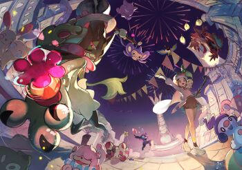 1girl absurdres aerial_fireworks aipom bird black_shorts black_socks blue_eyes blue_gemstone bow breasts broom broom_riding brown_eyes brown_hair cane cape chatot chikorita closed_eyes closed_mouth commentary delphox ear_bow fire fireworks floating flower furry gem gen_1_pokemon gen_2_pokemon gen_3_pokemon gen_4_pokemon gen_5_pokemon gen_6_pokemon gengar ghost gloves green_fur halloween halloween_costume harmony_(pokemon) hat highres hisuian_growlithe holding holding_cane leaf long_sleeves lumiose_city mega_delphox mega_pokemon meowscarada mime_jr. minun night night_sky nintendo o_o on_shoulder open_mouth outdoors pink_eyes plusle pokemon pokemon_(creature) pokemon_legends:_z-a pokemon_on_shoulder prism_tower sableye shirt shoes short_hair shorts sky smile socks spinda star_(symbol) streamers teeth top_hat trash trash_can trubbish white_cape white_gloves white_hat white_shirt yu_no6767