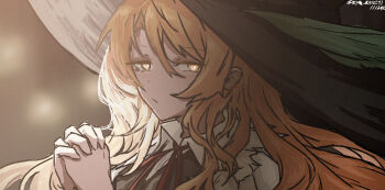 1girl :/ absurdres black_hat black_vest blonde_hair closed_mouth collared_shirt hat hat_ribbon highres jacket_girl_(dipp) long_hair looking_at_viewer neck_ribbon own_hands_clasped own_hands_together red_eyes red_ribbon ribbon shirt solo touhou ve1024 very_long_hair vest white_ribbon white_shirt