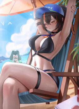 2girls absurdres armpits baseball_cap beach beach_chair beach_umbrella bikini black_bikini black_hair blue_sky breasts commentary commentary_request crossed_legs english_commentary green_hair hat highres large_breasts long_hair multicolored_hair multiple_girls navel ocean orange_eyes orange_hair puppnett qingyi_(zenless_zone_zero) short_hair sky solo_focus stomach streaked_hair swimsuit thigh_strap thighs two-tone_hair umbrella zenless_zone_zero zhu_yuan