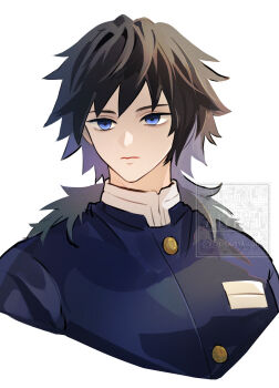 1boy absurdres black_hair black_jacket blue_eyes buttons closed_mouth commentary demon_slayer_uniform empty_eyes gold_buttons high_collar highres jacket kimetsu_no_yaiba long_hair low_ponytail male_focus no_haori ponytail simple_background soboru_jmt solo spiked_hair symbol-only_commentary tomioka_giyuu upper_body watermark white_background