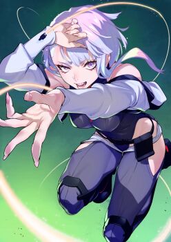 1girl bare_shoulders breasts clothing_cutout cyberpunk:_edgerunners cyberpunk_(series) fingernails hip_vent long_fingernails looking_at_viewer lucy_(cyberpunk) nail_polish open_mouth pink_eyes pink_hair saeki_shun simple_background solo