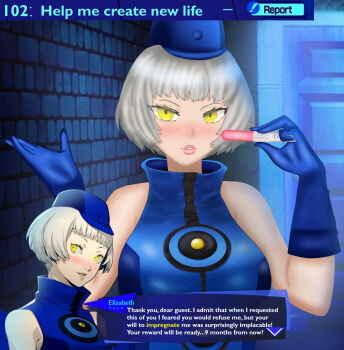 1girl bare_shoulders blue_dress blue_gloves blue_hat blush bob_cut breasts character_name dialogue_box dress eddarxart elizabeth_(persona) english_text gameplay_mechanics gloves glowing glowing_eyes hat high_collar highres holding impregnation looking_at_viewer medium_breasts outdoors persona persona_3 persona_3_reload pink_lips portrait pregnancy_test pregnant puffy_lips requesting_impregnation short_hair sleeveless sleeveless_dress sleveless solo speech_bubble talking translated velvet_room white_hair yellow_eyes