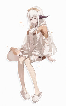 1girl absurdres breasts brown_ribbon closed_eyes dragon_horns fat_cat_(ff14) final_fantasy final_fantasy_xiv hair_ribbon highres hood hoodie horns long_bangs long_hair mianyue_qianyu patchwork_clothes ribbon scales shorts simple_background sitting sleeping slippers small_breasts sparkle sweater thighhighs very_long_hair warrior_of_light_(ff14) white_background white_footwear white_hair white_hoodie white_shorts white_sweater white_thighhighs