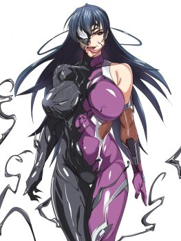 1girl absurdres airi_akura bodysuit breasts corruption crossover curvy highres igawa_asagi large_breasts long_hair marvel shiny_clothes spider-man_(series) taimanin_(series) taimanin_asagi venom_(marvel) wide_hips