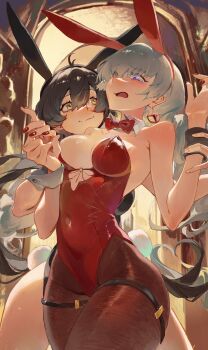 Rule 34 | 2girls, absurdres, ahoge, animal ear hairband, animal ears, bare shoulders, black hair, black leotard, blush, bow, bowtie, breasts, earrings, fake animal ears, female rover (wuthering waves), grey hair, hair between eyes, hairband, highres, jewelry, leotard, liudaohai6001, long hair, medium breasts, multiple girls, nail polish, pantyhose, phrolova (wuthering waves), playboy bunny, rabbit ear hairband, rabbit ears, red bow, red leotard, red nails, rover (wuthering waves), short hair, tears, wuthering waves, yellow eyes