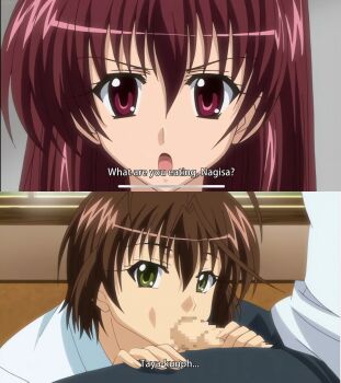 1boy 2girls angry anime_screenshot brown_hair censored fellatio kateikyoushi_no_onee-san long_hair looking_at_viewer multiple_girls onodera_rio open_mouth oral penis red_hair sakura_touya shiono_nagisa short_hair subtitled