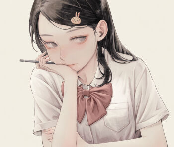 Rule 34 | 1girl, black hair, blue eyes, bow, bowtie, breast pocket, closed mouth, collared shirt, commentary, eyelashes, hair behind ear, hair ornament, head rest, highres, holding, long hair, mechanical pencil, original, otto (otto52coffee), pencil, pocket, rabbit hair ornament, red bow, red bowtie, school uniform, shirt, short sleeves, sideways glance, simple background, solo, symbol-only commentary, white background, white shirt