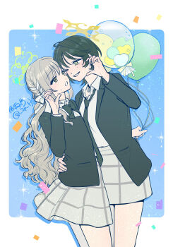 Rule 34 | 2girls, balloon, blue archive, collared shirt, commentary request, fuyu (blue archive), green hair, halo, hand on another's waist, heart, heart hands, heart hands duo, highres, looking at another, meishounokakera, miyo (blue archive), multiple girls, necktie, one eye closed, shirt, skirt, yellow eyes, yuri
