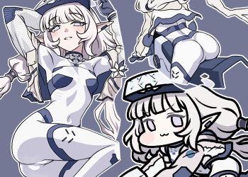 Rule 34 | 1girl, :3, ass, blue archive, blush, bodysuit, breasts, chibi, commentary request, covered navel, halo, head-mounted display, himari (blue archive), himari (bodysuit) (blue archive), jacket, jazz jack, long hair, looking at viewer, mole, mole under eye, official alternate costume, pointy ears, purple eyes, small breasts, smile, solo, very long hair, white bodysuit, white hair, white halo