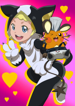 10s 1boy 1girl ;) animal_costume bad_id bad_pixiv_id blonde_hair blue_eyes bonnie_(pokemon) child cosplay dedenne dog_costume earrings gen_6_pokemon gradient_background heart heart_background highres iggy_(jojo) iggy_(jojo)_(cosplay) jean_pierre_polnareff jean_pierre_polnareff_(cosplay) jewelry jojo_no_kimyou_na_bouken nintendo one_eye_closed pokemon pokemon_(anime) pokemon_xy reo_j smile tail v