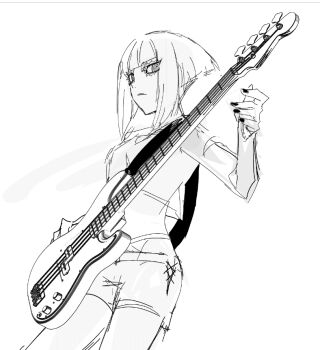 1girl aoki_shizumi bass_guitar greyscale instrument long_hair looking_at_viewer monochrome nail_polish parted_lips ringed_eyes rock_wa_lady_no_tashinami_deshite shiraya_tamaki shirt short_hair shorts solo thick_eyelashes