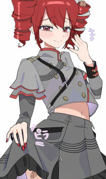 1girl absurdres baguette blush bread breasts buttons chest_harness closed_mouth clothes_lift cropped_shirt double-breasted drill_hair emphasis_lines food furrowed_brow grey_shirt hair_ribbon harness highres ichiru_(ichill) kasane_teto nail_polish red_eyes red_hair red_nails ribbon shirt short_hair skirt skirt_lift small_breasts smile smug solo twin_drills vocaloid white_ribbon