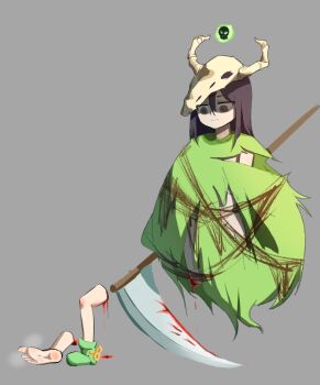 1girl animal_skull barefoot blood blue_eyes dismemberment floating gameplay_mechanics grey_background highres holding holding_scythe long_hair looking_down nemesis_(slay_the_spire) pale_skin red_pupils scythe severed_leg severed_limb simple_background skull_on_head slay_the_spire solo user_cmvn3588