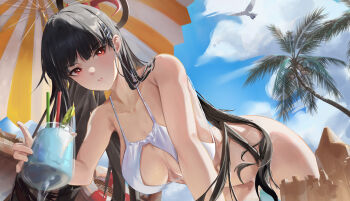 1girl absurdres alternate_costume bare_shoulders bikini black_hair blue_archive blue_sky breasts bright_pupils cleavage cloud commentary_request hair_behind_ear hair_ornament hairclip halo highres large_breasts long_hair looking_at_viewer millennium_science_school_logo miyano_haruto outdoors red_eyes rio_(blue_archive) sky solo swimsuit white_bikini white_pupils