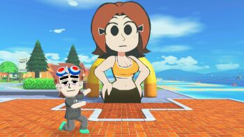 1boy 1girl :| bare_shoulders black_eyes black_pants black_shirt blue_sky board_game boat breasts brown_hair building bush cleavage closed_mouth cloud commentary crop_top day english_commentary expressionless facial_hair full_body game_screenshot goggles goggles_on_head grey_pants hair_ornament hairclip half-closed_eyes hand_on_own_hip hands_on_own_hips highres hill house large_breasts looking_at_viewer medium_breasts medium_hair midriff mii_(nintendo) mii_gunner mii_gunner_(smash_4) mountain navel nintendo no_pupils outdoors pants parody parted_bangs pine_tree scott_falco shirt shoes short_hair short_sleeves sky sleeveless smile sports_bra standing stubble style_parody tank_top tomodachi_life tomodachi_life:_living_the_dream tree water watercraft yellow_shirt