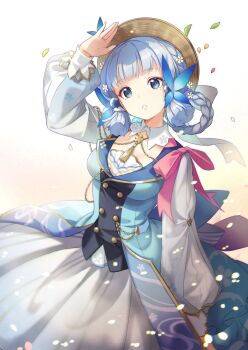 1girl arm_up ayaka_(genshin_impact) blue_dress blue_eyes blue_hair blunt_bangs blunt_sidelocks braid braided_hair_rings breasts butterfly_hair_ornament dress genshin_impact h2so4 hair_ornament hair_rings hat hat_ribbon highres kamisato_ayaka kamisato_ayaka_(springbloom_missive) long_sleeves looking_at_viewer medium_breasts mole mole_under_eye official_alternate_costume parted_lips pink_ribbon puffy_sleeves ribbon sidelocks solo tassel upper_body
