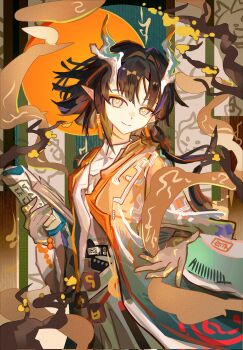 Rule 34 | 1girl, arknights, arm tattoo, artist name, brown hair, chuichuihuahewu, colored extremities, commentary, cowboy shot, dragon girl, dragon horns, earrings, highres, holding, horns, jacket, jewelry, jie (arknights), long hair, looking at viewer, open clothes, open jacket, orange jacket, outstretched arm, pointy ears, shirt, smile, solo, tassel, tassel earrings, tattoo, untranslatable commentary, white shirt, yellow eyes