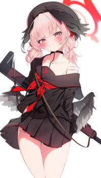 1girl absurdres alternate_costume arms_behind_back bare_legs beret black_choker black_hat black_sailor_collar black_serafuku black_shirt black_skirt black_wings blue_archive blush bra bra_strap choker closed_mouth collarbone cosplay dot_nose em-2 feathered_wings furrowed_brow gun hair_over_shoulder half-closed_eyes hat head_wings highres holding holding_gun holding_weapon justice_task_force_member_(blue_archive) justice_task_force_member_(blue_archive)_(cosplay) koharu_(blue_archive) loli long_hair long_sleeves looking_at_viewer low_wings neckerchief off_shoulder pink_eyes pink_hair pleated_skirt red_neckerchief sailor_collar school_uniform serafuku shirt sho_me_1853 sidelocks simple_background single_bare_shoulder skirt solo standing strap_slip sweatdrop thighs twintails underwear weapon white_background white_bra wings