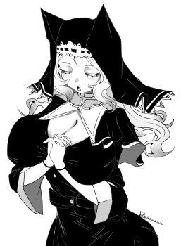 absurdres archetto_(arknights) arknights breasts chinese_commentary closed_eyes commentary_request greyscale highres large_breasts monochrome nun praying shoujo_kitou-chuu traditional_nun tu_clothes vzaaaaaaa