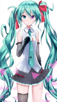 Rule 34 | 1girl, 25-ji miku, alternate hairstyle, aqua eyes, aqua hair, aqua necktie, arm tattoo, bare shoulders, black skirt, black sleeves, black thighhighs, commentary, cosplay, cowboy shot, detached sleeves, earrings, hair between eyes, hair ornament, hair ribbon, hand on own chest, hatsune miku, hatsune miku (cosplay), hatsune miku (vocaloid4), heterochromia, highres, itogari, jewelry, long hair, looking at viewer, miniskirt, necktie, pleated skirt, project sekai, purple eyes, ribbon, self cosplay, shirt, single thighhigh, skinny, skirt, sleeveless, sleeveless shirt, smile, solo, tattoo, thighhighs, twintails, v4x, very long hair, vocaloid, white background, white shirt, zettai ryouiki