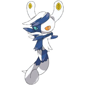 Rule 34 | absurdres, aqua sclera, blue fur, blue sclera, cat, colored sclera, forked tail, gen 6 pokemon, green eyes, hair between eyes, heterochromia, highres, madzygardecore, mega meowstic, mega pokemon, meowstic, multiple tails, nintendo, no humans, official style, orange sclera, pokemon, pokemon (creature), pokemon focus, split-color fur, sugimori ken (style), tail, two tails, white fur, yellow eyes