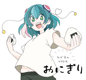 1girl anime_coloring antennae aqua_eyes aqua_hair bare_arms blush_stickers commentary_request cowboy_shot crossed_bangs crumbs food food_bite grey_shorts hagoromo_lala hair_between_eyes hair_ornament happy heart heart_of_string holding holding_food medium_hair midriff_peek multicolored_hair navel notice_lines onigiri open_mouth pale_skin precure shirt short_sleeves shorts simple_background smile solo standing star-shaped_pupils star_(symbol) star_twinkle_precure streaked_hair symbol-shaped_pupils t-shirt takahoshi_(yunch327) tareme teeth translation_request upper_teeth_only v-shaped_eyebrows white_background white_shirt yellow_pupils