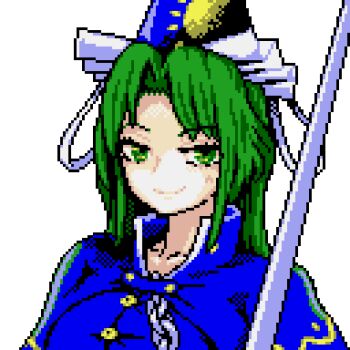 Rule 34 | 1girl, blue capelet, blue vest, bow, capelet, commentary, english commentary, green eyes, green hair, hat, long hair, mima (touhou), nukekip, smile, staff, sun print, sun symbol, touhou, touhou (pc-98), vest, wizard hat