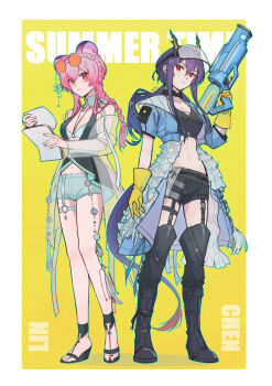 2girls animal_ears arknights artist_name belt_around_waist black_boots black_shorts blue_hair boots braid breasts ch&#039;en_(arknights) ch&#039;en_the_holungday_(arknights) ch&#039;en_the_holungday_(holiday)_(arknights) closed_mouth commentary cropped_jacket dragon_girl dragon_horns dragon_tail english_text eyewear_on_head frilled_overskirt full_body gloves highres holding holding_paper holding_water_gun horns jacket knee_boots lin_(arknights) lin_(summer_flowers)_(arknights) long_hair looking_to_the_side mouse_ears mouse_girl multiple_girls official_alternate_costume open_clothes orange-tinted_eyewear paper red_eyes rubber_gloves see-through_clothes see-through_jacket shorts sidelocks sy509 tail thigh_strap thighs tinted_eyewear visor_cap water_gun yellow_gloves
