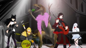 3d 4girls ahoge arm_up black_bow black_dress black_gloves black_hair black_ribbon black_skirt blake_belladonna blonde_hair blue_eyes boots bow bracelet breasts carrying cloak closed_mouth crescent_rose dinosaur dress drum drumsticks electric_guitar ember_celica_(rwby) facing_to_the_side facing_viewer fingerless_gloves floating_hair full_body gloves gradient_hair grey_eyes guitar hair_bow hair_ornament hand_up hands_up happy holding holding_instrument holding_microphone instrument jacket jewelry keyboard keyboard_(instrument) large_breasts leggings long_hair long_sleeves looking_at_viewer looking_to_the_side medium_breasts microphone monty_oum multicolored_dress multicolored_hair multicolored_skirt multiple_girls music myrtenaster official_art orange_scarf ponytail purple_eyes rapier raptor red_cloak red_dress red_hair red_skirt ribbon ruby_rose rwby rwbysaurus scarf short_hair short_sleeves side_ponytail singing sitting skirt smile standing sword thighhighs tongue two-tone_hair weapon weiss_schnee white_dress white_hair white_jacket white_skirt yang_xiao_long yellow_eyes