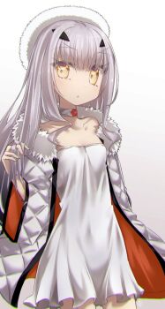 1girl bare_shoulders beret blush breasts choker collarbone dress fate/grand_order fate_(series) forked_eyebrows fur_hat fur_trim grey_hair hat highres jacket long_hair long_sleeves looking_at_viewer melusine_(fate) off_shoulder open_mouth sidelocks small_breasts solo white_dress white_hat white_jacket yellow_eyes yubeshi_(zecxl)