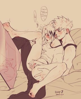 2boys bakugou_katsuki blush boku_no_hero_academia cuntboy cuntboy_with_male earrings english_text feet fingering highres jewelry kaminari_denki legs_up male_focus multiple_boys nail_polish pubic_hair pussy_juice short_hair spacenipnops speech_bubble spiked_hair spread_legs thighs toenail_polish toenails toes