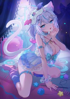 Rule 34 | 1girl, animal ear fluff, animal ears, arm support, artist request, bat hair ornament, bedroom, belt collar, blue bow, blue eyes, bochibochi (gyuuniku 6000), bow, bustier, cat ears, cat hair ornament, cat tail, character request, collar, commentary request, copyright request, curtains, hair ornament, hand up, highres, kneehighs, looking at viewer, multicolored hair, multicolored socks, nightgown, on bed, open mouth, paw hair ornament, pillow, second-party source, sitting, socks, solo, sparkle, star (symbol), streaked hair, tail, thick thighs, thigh strap, thighs, virtual youtuber, white bustier, white hair, wrist cuffs