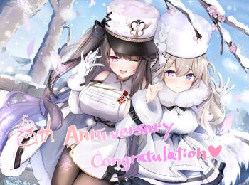 2girls anchor_hat_ornament anniversary azur_lane bare_shoulders blue_sky breasts brown_hair brown_pantyhose coat coat_dress commentary_request cross cross_necklace dress fur-trimmed_collar fur-trimmed_sleeves fur_hat fur_trim gloves grey_hair hair_between_eyes hat hat_ornament highres jewelry large_breasts long_hair looking_at_viewer medal multiple_girls murmansk_(azur_lane) necklace one_eye_closed open_mouth order_of_the_patriotic_war outdoors padded_coat pamiat_merkuria_(azur_lane) pamiat_merkuria_(retrofit)_(azur_lane) pantyhose papakha pink_eyes purple_eyes sideboob sideboob_cutout sky snow taisanai very_long_hair white_dress white_gloves winter winter_clothes winter_coat winter_gloves