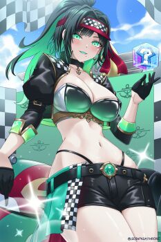 1girl bandeau belt black_choker black_gloves black_jacket black_shorts breasts cersea_soulstorm checkered_flag choker chromashift cleavage colored_inner_hair commentary cowboy_shot cropped_jacket flag gloves gold_trim green_eyes green_hair grin half_gloves hand_up high_ponytail highleg highres jacket large_breasts long_hair looking_at_viewer midriff mole mole_under_eye mole_under_mouth multicolored_hair navel open_clothes open_jacket panty_straps ponytail race_queen seraphim_throne short_shorts shorts smile solo stomach strapless tube_top virtual_youtuber visor_cap