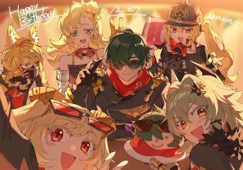 1boy 5girls animal_ear_fluff animal_ears bare_shoulders birthday black_gloves black_jacket blonde_hair blurry blurry_background blush_stickers book brown_eyes burnice_white caesar_king_(zenless_zone_zero) cake candy cat_ears cat_girl commentary_request detached_sleeves eyewear_on_head food furry furry_female gloves goggles goggles_around_neck green_eyes green_hair hair_between_eyes hair_ornament hair_over_one_eye happy_birthday helmet highres holding holding_book holding_plate jacket koeda_(k83_4) lighter_(zenless_zone_zero) lollipop looking_at_viewer luciana_de_montefio mask mask_around_neck mouth_mask multiple_girls open_mouth orange_gloves piper_wheel plate pulchra_fellini red_eyes red_mask selfie side_ponytail single_blush_sticker spiked_jacket sunglasses twitter_username v zenless_zone_zero