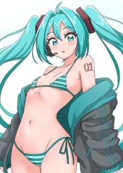 1girl aqua_eyes aqua_hair bare_shoulders bikini blue_bikini blush breasts cleavage commentary_request hakuino_hakase hatsune_miku headphones headset highres jacket long_hair long_sleeves navel number_tattoo open_mouth simple_background small_breasts solo string string_bikini striped_bikini striped_clothes swimsuit tattoo thighs twintails vocaloid