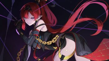 1girl absurdres bare_shoulders black_gloves black_hairband breasts bright_pupils dress earrings elbow_gloves gloves hair_between_eyes hair_ornament hairband high_ponytail highres holding holding_string jewelry large_breasts long_hair looking_at_viewer n_sol parted_lips pointy_ears ponytail purple_eyes red_hair smile solo string tacet_mark_(wuthering_waves) very_long_hair white_pupils wuthering_waves yinlin_(wuthering_waves)