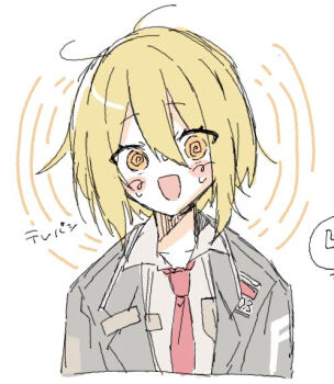 1girl @_@ black_coat blonde_hair blush coat collared_shirt don_quixote_(project_moon) hair_between_eyes kigurui_kkr lapels limbus_company necktie notched_lapels project_moon red_necktie shirt short_hair solo sweat telepathy_(vocaloid) white_background white_shirt yellow_eyes