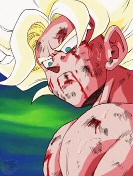 Rule 34 | 1990s (style), 1boy, blonde hair, blood, blood from mouth, blood on face, derivative work, disappointed, dragon ball, dragonball z, fake screenshot, frown, green eyes, looking down, male focus, muscular, muscular male, parody, retro artstyle, scratches, screenshot redraw, son goku, spiked hair, style parody, super saiyan, super saiyan 1, sweatdrop, topless male, upper body, yinyanggio14
