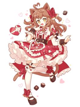 Rule 34 | 1girl, :d, absurdres, ahoge, animal ears, blush, bow, bow legwear, bowtie, brown hair, brown shoes, cat ears, cat girl, cat tail, commentary, dot nose, dress, fang, frilled sleeves, frilled thighhighs, frilled wrist cuffs, frills, full body, garter straps, hair bow, heart, heart ahoge, highres, long hair, looking at viewer, mary janes, open mouth, original, plaid bow, red bow, red bowtie, red dress, saijo1201, shoes, short sleeves, simple background, smile, solo, standing, standing on one leg, striped bow, striped bowtie, striped clothes, tail, thighhighs, two side up, untranslatable commentary, watermark, white background, white thighhighs, wrist cuffs, yellow eyes
