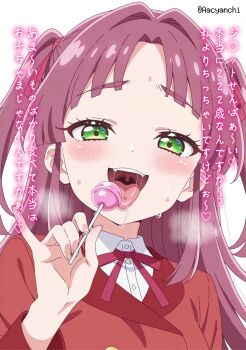 Rule 34 | 1girl, aachan (aacyanchi), blazer, blush, buttons, candy, commentary request, cure mystique, double-breasted, dress shirt, food, green eyes, hair intakes, hair ribbon, half-closed eyes, highres, holding, holding candy, holding food, holding lollipop, jacket, kobayashi mikuru, lollipop, long hair, looking at viewer, meitantei precure!, mesugaki, neck ribbon, open mouth, partial commentary, pinky out, precure, purple hair, purple ribbon, red jacket, ribbon, saliva, shirt, simple background, smirk, solo, sweat, teasing, translated, twitter username, white background, white shirt