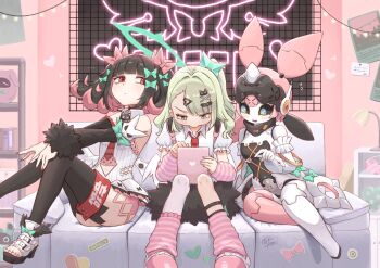 3girls angels_of_delusion aria_(robot)_(zenless_zone_zero) aria_(zenless_zone_zero) arm_warmers bare_shoulders black_hair black_sclera blush bow butter_spoon colored_inner_hair colored_sclera commentary detached_sleeves dress fur-trimmed_skirt fur_trim green_bow green_eyes green_hair hair_bow hair_ornament halo highres humanoid_robot indoors joints looking_at_another looking_at_object looking_down multicolored_hair multiple_girls nangong_yu necktie open_mouth pink_arm_warmers pink_hair red_eyes red_necktie robot robot_girl robot_joints sitting skirt striped_arm_warmers sunna_(zenless_zone_zero) thighhighs too_many_bows twintails untranslatable_commentary white_wings wings zenless_zone_zero