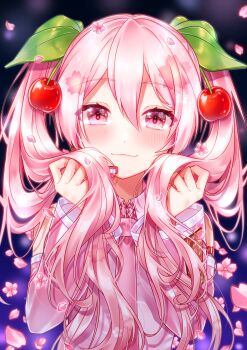 1girl arm_tattoo blush cherry_blossoms closed_mouth collared_shirt falling_petals hair_between_eyes hair_ornament hatsune_miku highres holding holding_own_hair long_hair looking_at_viewer necktie number_tattoo official_alternate_costume petals pink_eyes pink_hair pink_necktie pink_petals pink_sleeves pochimaru_(marumaru_wanwan) sakura_miku shirt smile solo tattoo twintails very_long_hair vocaloid white_shirt