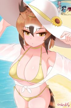 4girls animal_ears beach bikini bird_tail blush breasts brown_eyes brown_hair building_sand_sculpture buried buried_in_sculpted_sand cleavage commentary detached_sleeves english_commentary eurasian_eagle_owl_(kemono_friends) hair_between_eyes hat head_wings highres iredify kemono_friends kemono_friends_3 large_breasts looking_at_viewer multicolored_hair multiple_girls navel ocean owl_ears partially_buried passenger_pigeon_(kemono_friends) peach_panther_(kemono_friends) sand sand_sculpture see-through_clothes shiisaa_lefty short_hair side-tie_bikini_bottom sphinx sun_hat sunflower_hat_ornament swimsuit tail white_hair wings yellow_bikini