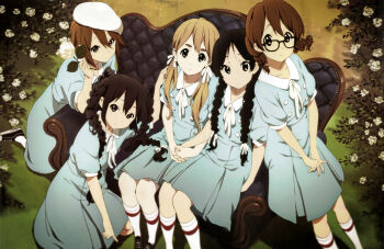 Rule 34 | 5girls, absurdres, akiyama mio, alternate costume, alternate hairstyle, black eyes, black hair, blonde hair, blue eyes, brown eyes, brown hair, glasses, highres, hirasawa yui, ho-kago tea time, k-on!, kotobuki tsumugi, long hair, looking at viewer, multiple girls, nakano azusa, official art, scan, short hair, singing! (k-on!), tainaka ritsu, yamada naoko